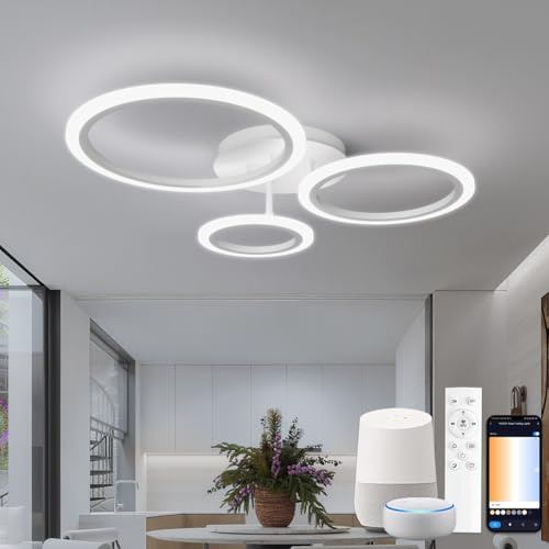 Smart LED Deckenlampe Dimmbar, WLAN Deckenleuchte kompatibel mit Alexa & Google Home, Moderne 3 Ringe Design, Farbtemperatur Einstellbar (CCT), für Schlafzimmer, Esszimmer, Küche, Weiß
