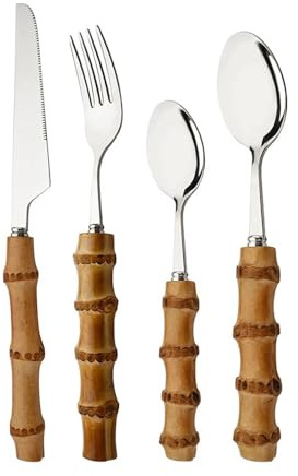 Set de couteaux, fourchettes et cuillères Ensemble de couverts de table 4 pièces avec manche en bambou, vaisselle en acier inoxydable, couteaux à steak, fourchettes, cuillères for la maison(Silver)