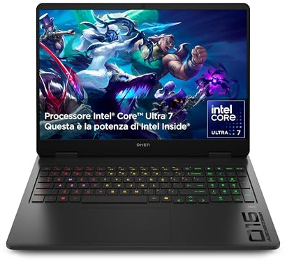 HP OMEN 16-am0010sl, Gaming Laptop, (Intel Core Ultra 7, NVIDIA RTX 5070, 32GB RAM, SSD 2TB, Display 16 WXGA 240 Hz 500 Nits), Notebook, Free DOS, Tastiera Italiana, QWERTY, Nero