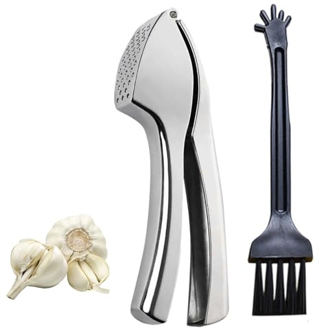 2-teiliges Set mit Reinigungsbürste, Knoblauchpresse Edelstahl, Garlic Press Rostfrei, Knoblauchpresse, Knoblauchpressen Ideal für Knoblauch, Ingwer und Nüsse, Perfekt für Küche und Gastronomie