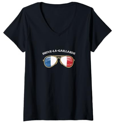 Femme Brive-la-Gaillarde France Vintage Flag Sunglasses T-Shirt avec Col en V