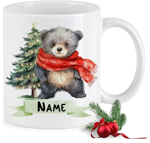 GRAZDesign Personalisierte Weihnachtstasse 330 ml – Keramiktasse mit Namen & Tiermotiv Bär Geschenkidee zu Weihnachten, Winter & Nikolaus