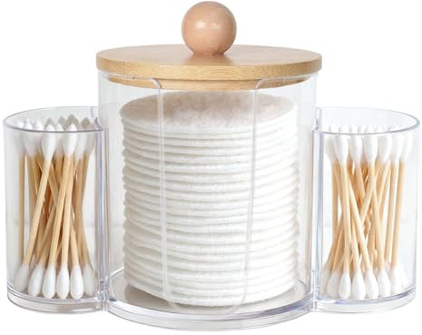 FooYee Dispensador de Bastoncillos, Contenedor de Hisopos de Algodón, Dispensador para Bastoncillos de Algodón con Tapa de Bambú, Organizador de Almohadillas de Maquillaje(Transparent)