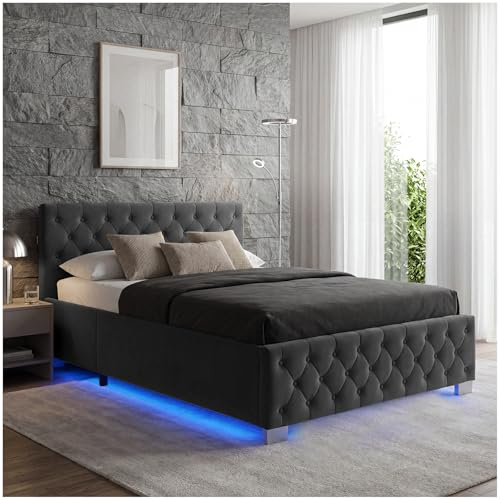 tectake® Polsterbett, 140x200cm, mit LED-Beleuchtung, Bettkasten, Chesterfield, 250kg Belastbarkeit, Gasdruckfeder, Lattenrost, Schlafzimmerbett, Doppelbett, Stauraumbett - Samtoptik schwarz