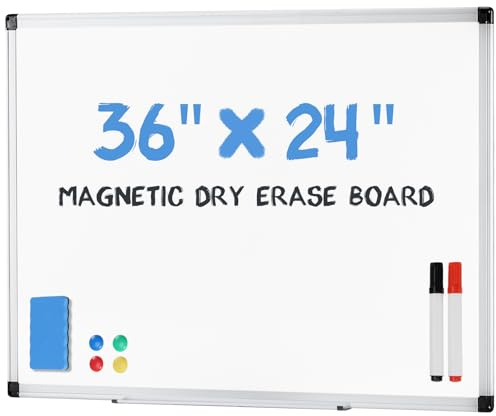 NEWBULIG White Board, 36 x 24 Magnetic Dry Erase Board for Wall with 1 Dry Eraser & 2 Multi-Color Markers & 4 Magnetic Pins, Silver Aluminum Frame for Office, Home, School, White