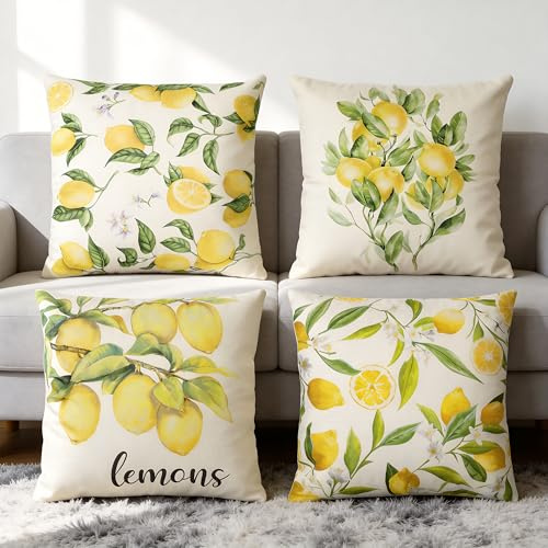 Hejo Fundas de Cojines, 45 x 45 cm, Motivos de Limones y Hojas, 4 Piezas