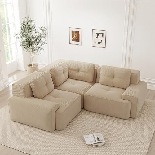 Bladez Divano angolare modulare a forma di L, moderno divano a 3 posti in cord con poggiapiedi, seduta profonda, senza ossa, a compressione, senza montaggio, divano compatto, per soggiorno (Beige, 3C)