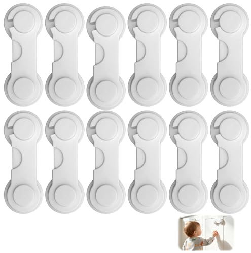 12 unidades de seguridad para niños, color blanco, cajones para bebés y niños pequeños, seguro para niños y cajones, seguro para cajones para muebles de cocina, sin taladrar, adhesivo fuerte