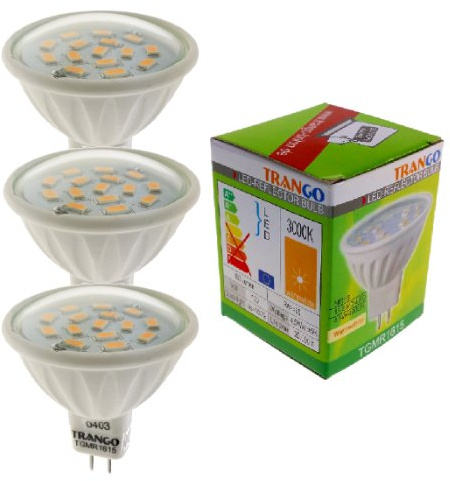 Trango 3er Set 6 Watt LED Leuchtmittel mit MR16 Fassung 3TGMR1615 zum Austausch Halogen Leuchtmittel MR16 I GU5.3 I G4 12 Volt 3000K warmweiß Glühlampe, Reflektor Lampe, LED Birnen