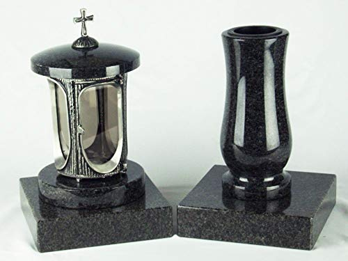 designgrab Runde Grablampe mit Kreuz & Vase aus Granit im Set mit 2 Sockeln – handgefertigt, wetterfest & poliert – Nero Impala – tiefschwarz