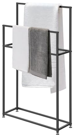 WING Handtuchständer freistehend schwarz, Metall Bad handtuchhalter stehend, Badehandtuchständer, 2 Handtuchstangen, modern, H 110cm,85×20×110cm(L×W×H)