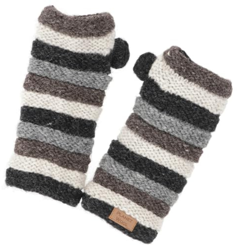 GURU SHOP Geringelte Handstulpen aus Nepal, Pulswärmer aus Wolle | Schurwolle, weiches Fleece-Futter, extra Daumen, warm und komfortabel, unisex, ideal für kalte Tage