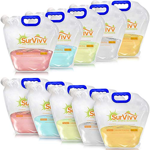 SurVivv Premium Collapsible Water Container Bag, No-Leak, Freezable, Odorless, Flat Folding, BPA Free Food Grade Clear Plastic Storage tank for Sports Outdoors Camping (1.3 Gal 10Pk)