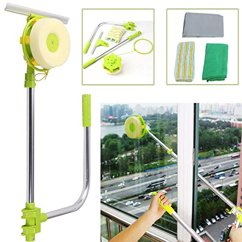 U-Shaped Telescopic High-Rise Window Cleaner Glass Cleaning Dust Brush, New Window Cleaner Cleaning Brush 2 in 1 Sponge Squeegee with Extension Pole & Adjustable Rotating Sponge Head Washing Kit