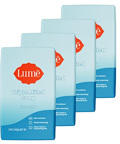Lume Triple Milled Bar Soap - Rich Moisture & Gentle Cleansing - Paraben Free, Phthalate Free, Skin Safe - 5 ounce (Pack of 4) (Unscented)