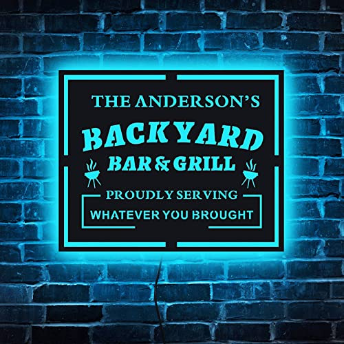 Benutzerdefinierter Name Backyard Bar und Grill Bar LED Schild, Tiki Bar,Bar und Grill,Outdoor Küche Personalisiertes Leuchtschild Terrassendekor Hinterhof BBQ Licht,Holzlicht Neonbar Schild