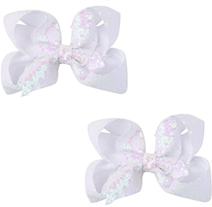 AMYDECOR 6 Inch White Sparkly Glitter Sequin Hair Bows for Girls Toddlers Kids Children Teenage (2PCS)