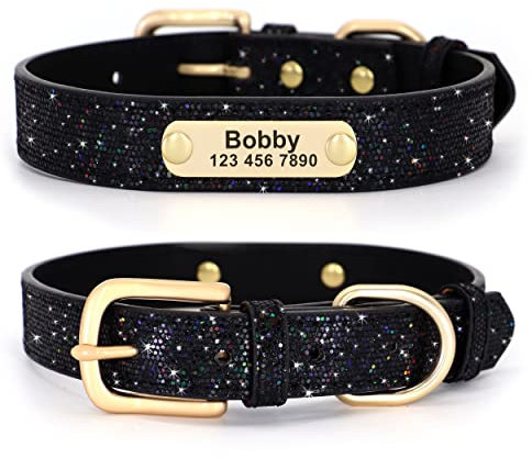 Didog Glitzer-Hundehalsband, personalisierbar, PU-Leder mit glitzernden Pailletten, personalisierbares Hundehalsband mit graviertem Namensschild kleine, mittelgroße Hunde und Katzen, Schwarz, Größe M