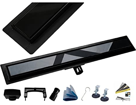 AQUA HEATING Duschrinne Glas superflach Komplettset 100 cm schwarz | Linearer Bodenablauf Edelstahl mit Siphon, bodengleiche Dusche, Ablaufgarnitur-Set matt, Badezimmer Duschablauf