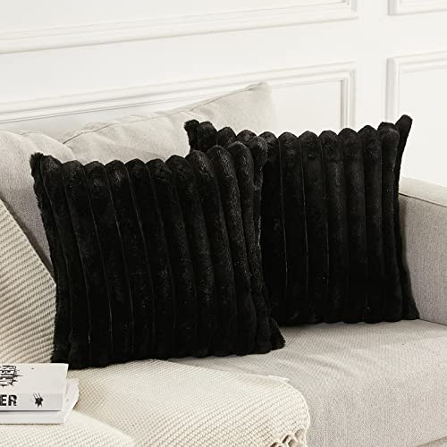 Joyouth 2er Set Doppelseitige Plüsch Samt Kissenbezüge Weiche Künstliche Pelz Kissenbezüge Dekorativ für Couch Sofa Schlafzimmer Wohnzimmer Zuhause 40x40 cm Schwarz