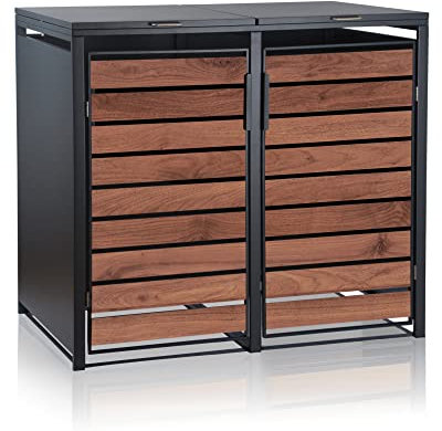 Zelsius Mülltonnenbox 2er Mülltonnen | (B) 132 x (T) 80 x (H) 117 cm | Anthrazit RAL7016 | Tür in dunkelbrauner Holzoptik mit Erweiterungsmöglichkeit | Mülltonnenverkleidung, Garten Müllbox