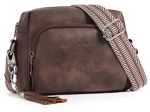 CLUCI Umhängetasche, Crossbody Bag Damen Breiter Gurt, Handy Schultertasche PU Leder, Handtasche, Klein mit Fransen Verstelbaar Schultergurt Kaffee