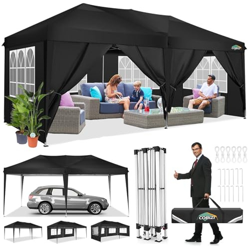 COBIZI Tonnelle de Jardin Exterieur 3x6 Tonnelle Pliante Imperméable Pliant Tente de Reception Barnum Pliant, 6 Parties latérales Amovibles, Noir
