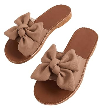 Verdusa Women's Bow Flat Sandals Open Toe Slides Leather Summer Vacation Slippers Brown 8