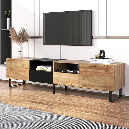 Sweiko Massivholz Moderner TV Schrank mit schwarzem und holzfarbenem Design, TV-Ständer mit 2 Türen und 2 Schubladen, Fernsehtisch für Wohnzimmer und Schlafzimmer