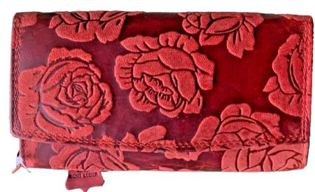 Leather Fox Damen Geldbörse mit naturbelassenes Büffelleder,Frauen Portemonnaie,Blumen Motiv,Rot