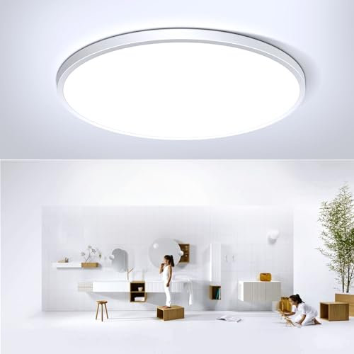 24W LED Flush Mount Ceiling Light, 6500K Daylight White Bathroom Light, 2000LM, Flat Modern Round Lighting, 240W Equivalent White Ceiling Lamp for Kitchens, Hallway, Bedrooms.etc. 10.6in/27cm