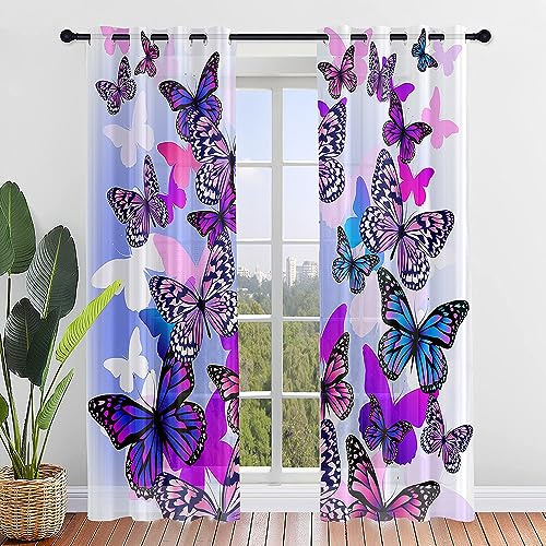Hiseng Voile Vorhänge mit Ösen, Gardinen Halbtransparent 2er Set, Vorhang Gardinenschals Ösenschal Gardinen Wohnzimmer Schmetterling Curtains mit Schlaufen (140x160cm,Lila)