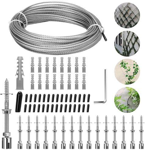 WOOLUCK Support pour Plantes Grimpantes, Kit Complet en Acier Inoxydable avec Supports muraux et Corde de 3 mm, pour Rosier Les Jardins Extérieurs(16 Supports, Corde de 24 m)