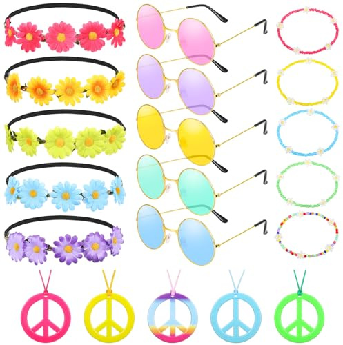 Xinnun 20 Pieces Hippie Costume Accessories Set, 60s 70s Accessories Women Flower Crown Headband Hippie Sunglasses Beaded Bracelet Peace Sign Necklace for Festival Disco Retro Theme Party Supplies