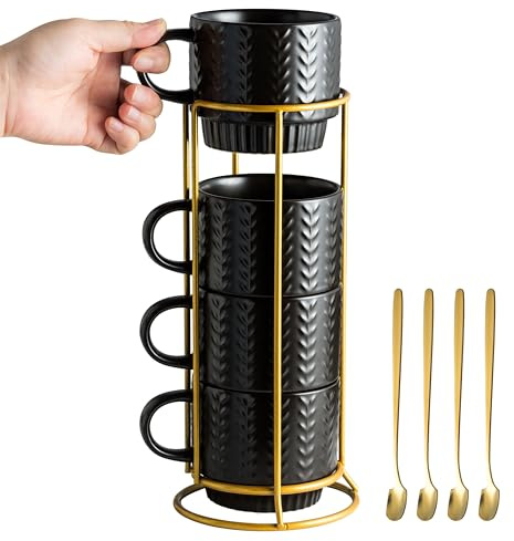 Miamolo Stackable Coffee Mugs, Coffee Mug Set of 4 with Spoons & Stand, 13oz Espresso Cups for Drinks Latte Cappuccino Tea, Coffee Cup for Housewarming Birthday Gift, Dishwasher Safe, Black
