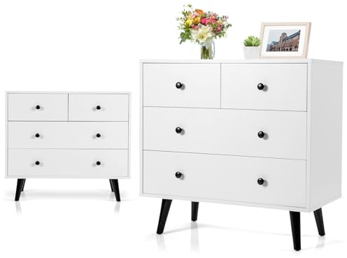 KOMFOTTEU Kommode aus Holz mit 4 Schubladen in 2 Größen, Aufbewahrungsschrank mit Kippschutz, Sideboard für Wohnzimmer, Schlafzimmer, Büro, 80 x 39,5 x 77 cm