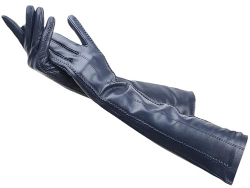 ZouoYYii Mehrfarbige Damen-Lederhandschuhe, 50 cm lang, warm, für den Winter, dunkelblau, 7.5