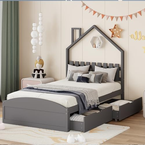 KUAKE Holzbett 90x200 cm, Massivholz Bettgestell mit Lattenrost, Bring Zwei Schubladen mit, Kinderbett Jugendbett Massivholzbett (Grau)