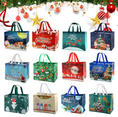 HYran Geschenktüten Weihnachten Groß, geschenktaschen weihnachten, Geschenktaschen mit Griffen, Non Woven Weihnachtstaschen, Weihnachts Geschenktüten, für Xmas Weihnachtsdekoration Weihnachtsfeier