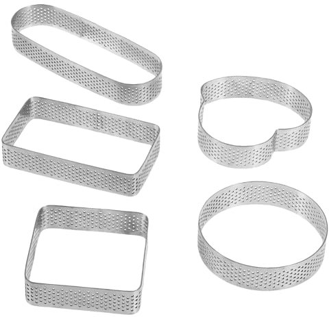 Lot de 5 moules à gâteau en acier inoxydable - Anneaux à tarte ronds en métal - Forme ronde/cœur/carré/rectangle/ovale - Résistant à la chaleur - Anneau à pâtisserie perforé pour la cuisson de