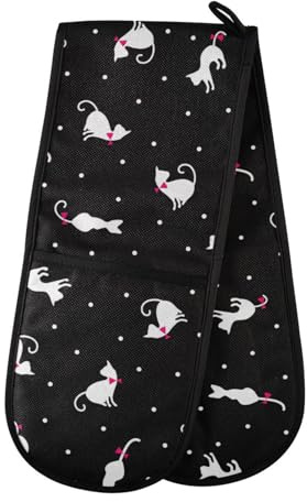 Double Oven Gloves Heat Resistant Cute Cats Polka Dot Double Oven Mitts Pot Holder Heat Protection Oven Gloves for Home Kitchen Baking Cooking BBQ Microwave