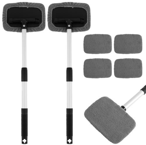 2 Pcs Car Windscreen Cleaner Extendable Car Windshield Cleaning Tool Car Window Cleaner with 4 Reusable Microfiber Pads Car Windshield Cleaner Tool for Car Exterior and Interior Glass Home Office