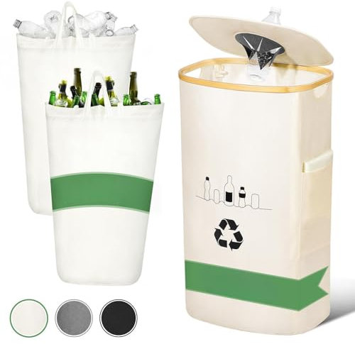 100L Recycling Bins for Kitchen Home, Deposit Bottle Collector Bins with Lid and 2 Reusable Inner Bags,Indoor Recyclable Waste Trash Sorting Organizer for Collecting Empties and Glass Waste(Off White)