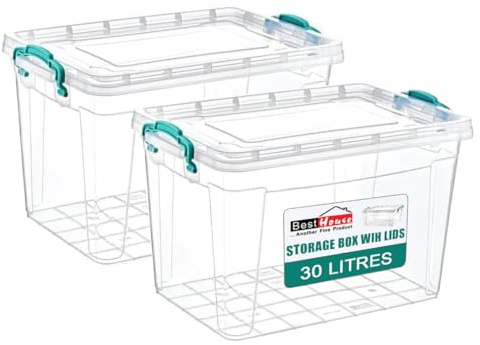 Best House| Plastic Storage Box with Clip & Lid| Size 30L (L 49.2cm x W 32.5cm x H 28.7 cm) |Set of 2 |Rectangle |Stackable Clear Durable Multipurpose Office Home Kitchen Tools Versatile (MEDIUM Size)