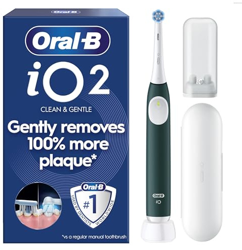 Oral-B iO2 Electric Toothbrush, 1 Gentle Care Toothbrush Head, 1 Travel Case, 1 Travel Refill Holder, Oral B Toothbrush for Adults (Forest Green), Designed by Braun, 2 Pin Plug