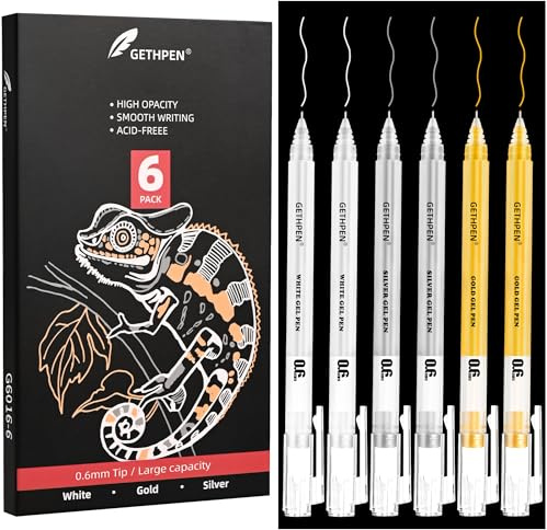 GETHPEN Gelstifte-Set, weißgold und silber, 0,6 mm, extra feine Spitze, Gelschreiber, deckende Archivtinte, Stifte für schwarzes Papier, Zeichnen, Skizzieren, Kartenherstellung, Illustration, Bullet