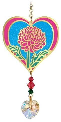Mobile, Sonnenfänger, Blume, Buntglas-Effekt, funkelndes Kristallherz, verziert mit handgefertigten Perlen (November – Chrysantheme)