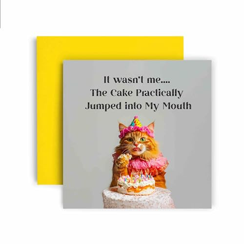 Huxters Funny Birthday Card for Her Women - Cat Cake Jumped in Mouth - Gift Card for Mum Friend Bestie Daughter Auntie Sister Niece - 14.8cm (Cake Jumped)