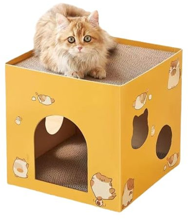 Katzenhaus aus Karton mit Kratzflächen, Katzenkratzer Papphaus, Katzenhaus mit eingebauten Kratzpads, Katzenhaus aus Karton mit Kratzpads, Katzenspielhaus mit Kratzpads