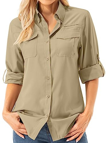 Women’s Safari Shirts Sun Protection UPF 50+ Loog Sleeve Quick Dry Lightweight Fishing Hiking Casual Outdoor Shirts(Khaki-m)
